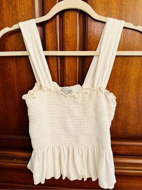 Urban Outfitters Cream Smocked Ruffle-Hem Crop Tank